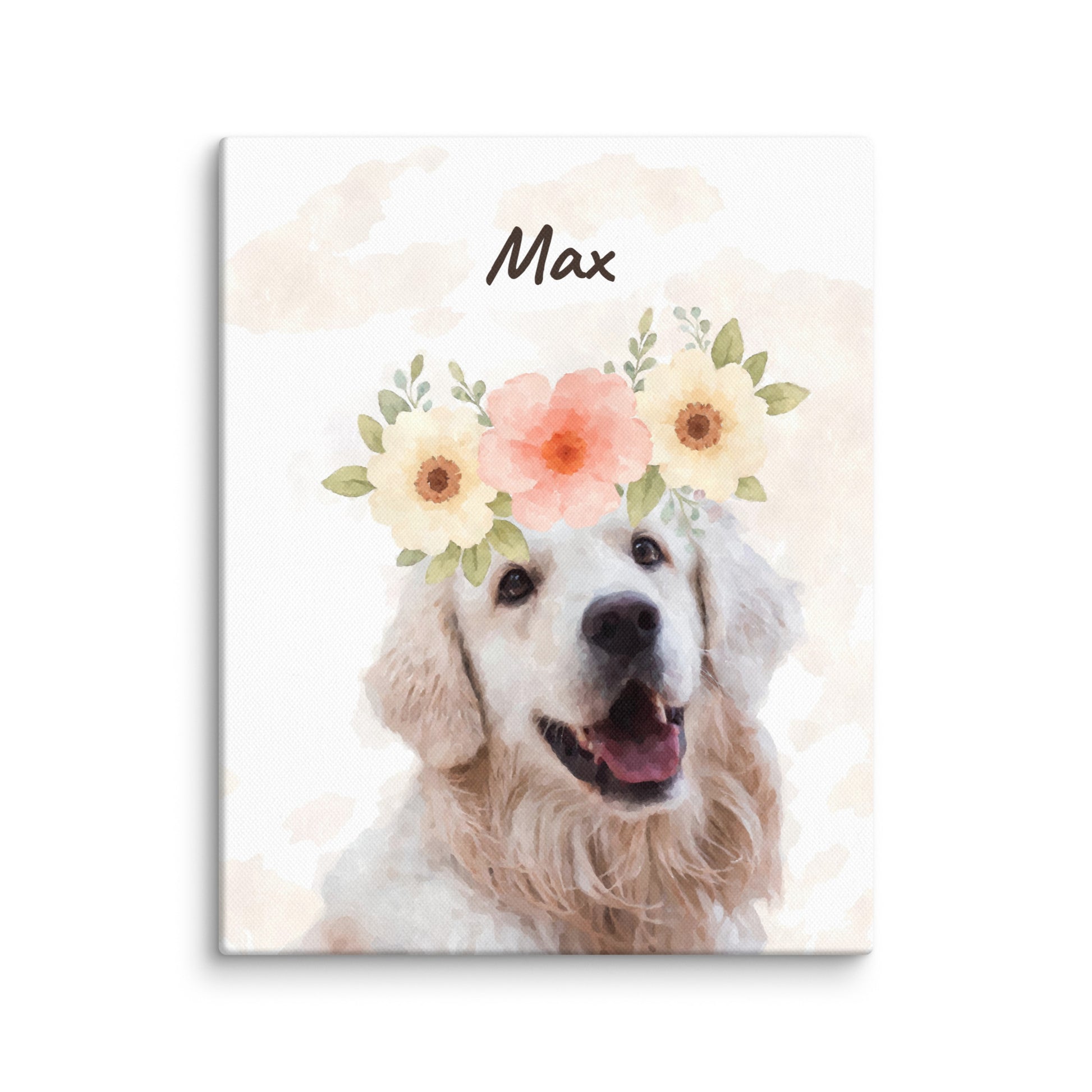 Watercolor pet portrait of a dog named Max with a pink and white flower crown, surrounded by floating petals. Her name appears in cursive on the top.