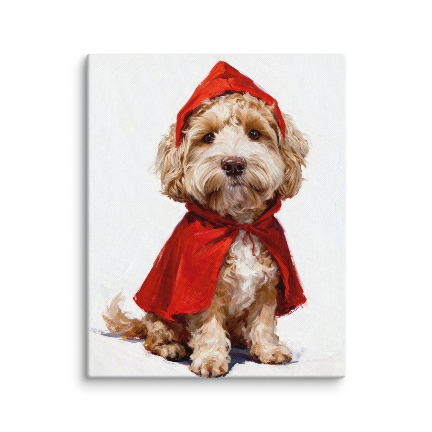 Custom pet portrait of a small dog in a red riding hood cape, whimsical fairy tale costume for personalized pet artwork.