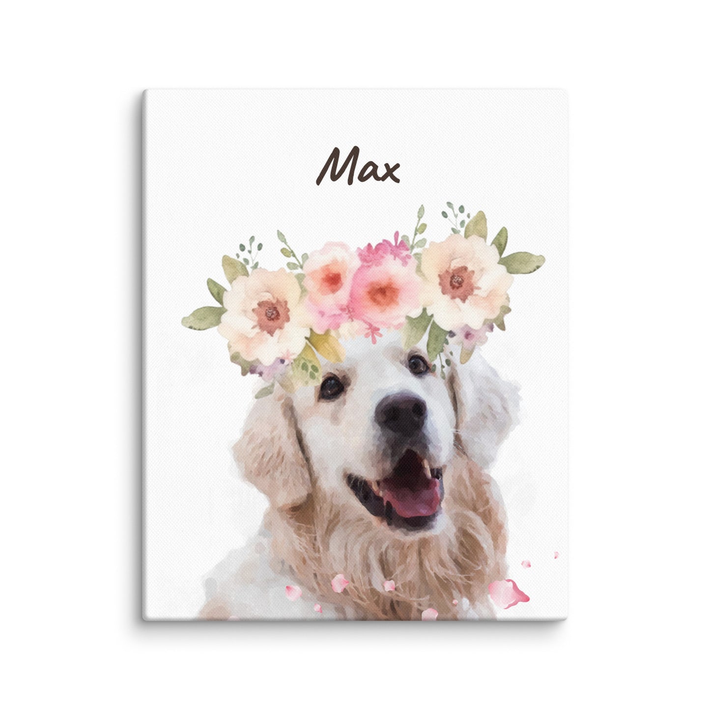 Watercolor dog portrait of Max wearing a pink flower crown, with his name below the image in cursive.