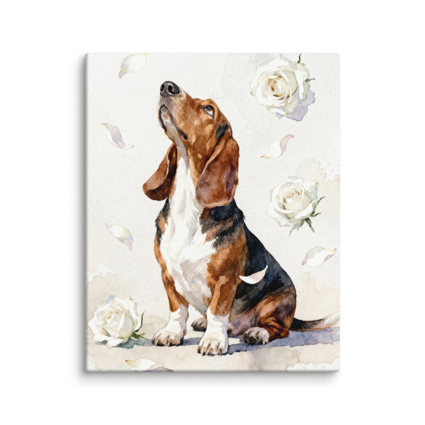 Custom watercolor pet portrait canvas featuring a dog with white roses and pastel petals in a minimalist floral design.