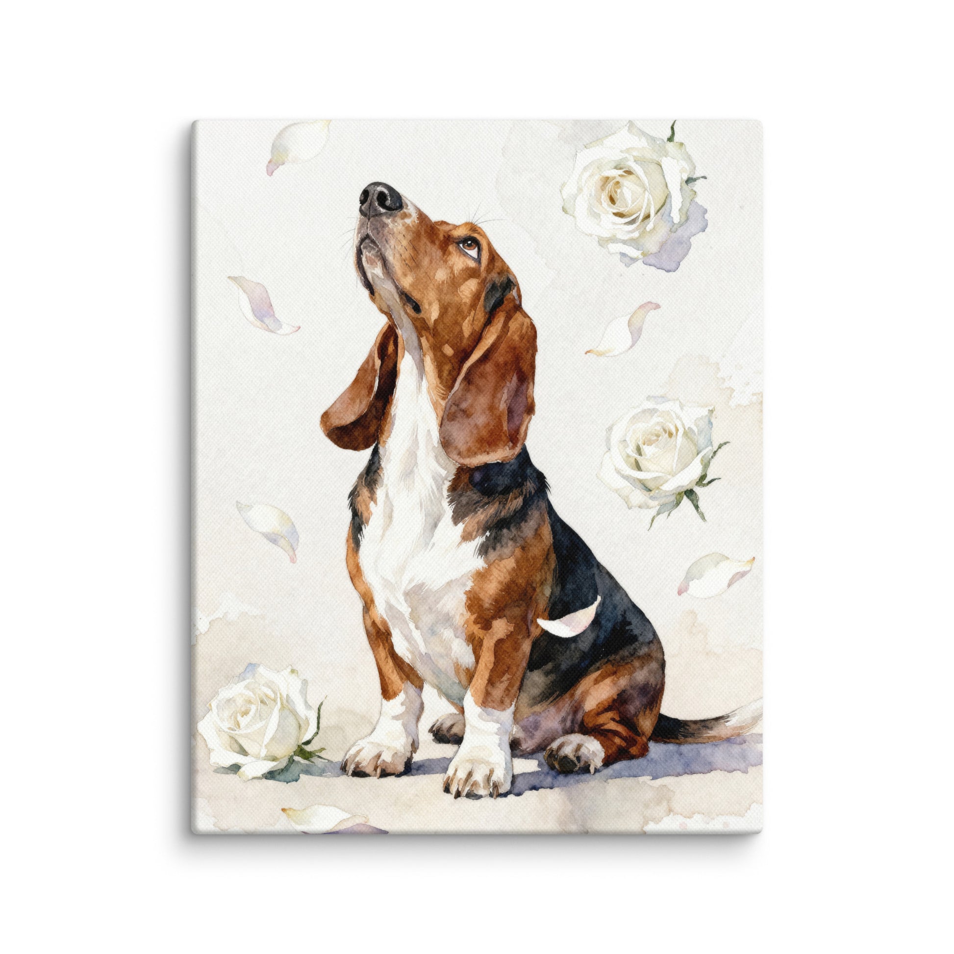 Custom watercolor pet portrait canvas featuring a dog with white roses and pastel petals in a minimalist floral design.