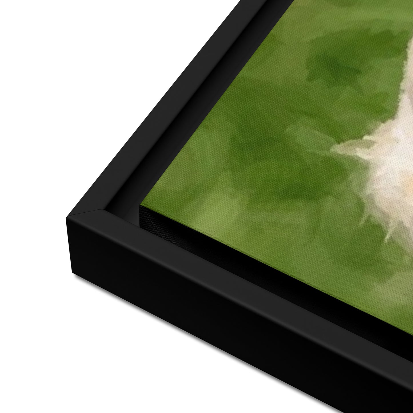 Close-up of a framed custom dog portrait canvas, highlighting the texture of the artwork.