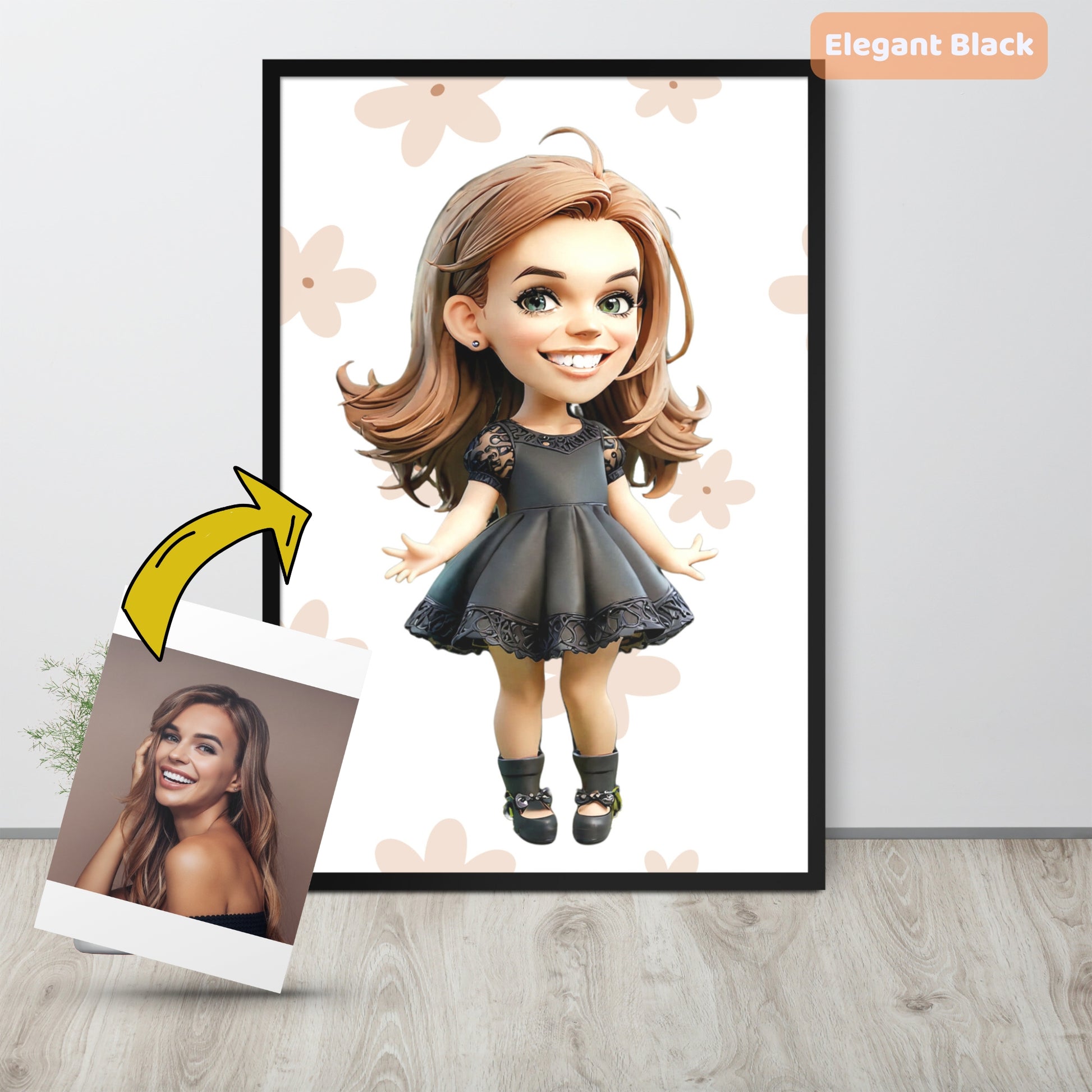 Custom cartoon portrait of a young woman in an elegant black dress, with original photo – framed poster.