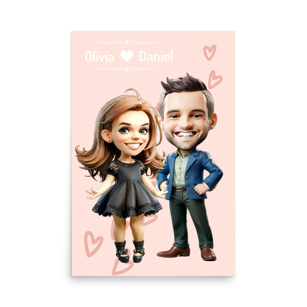 A custom cartoon portrait of a couple in classic black elegant attire, displayed on a unframed poster - a unique engagement gift.