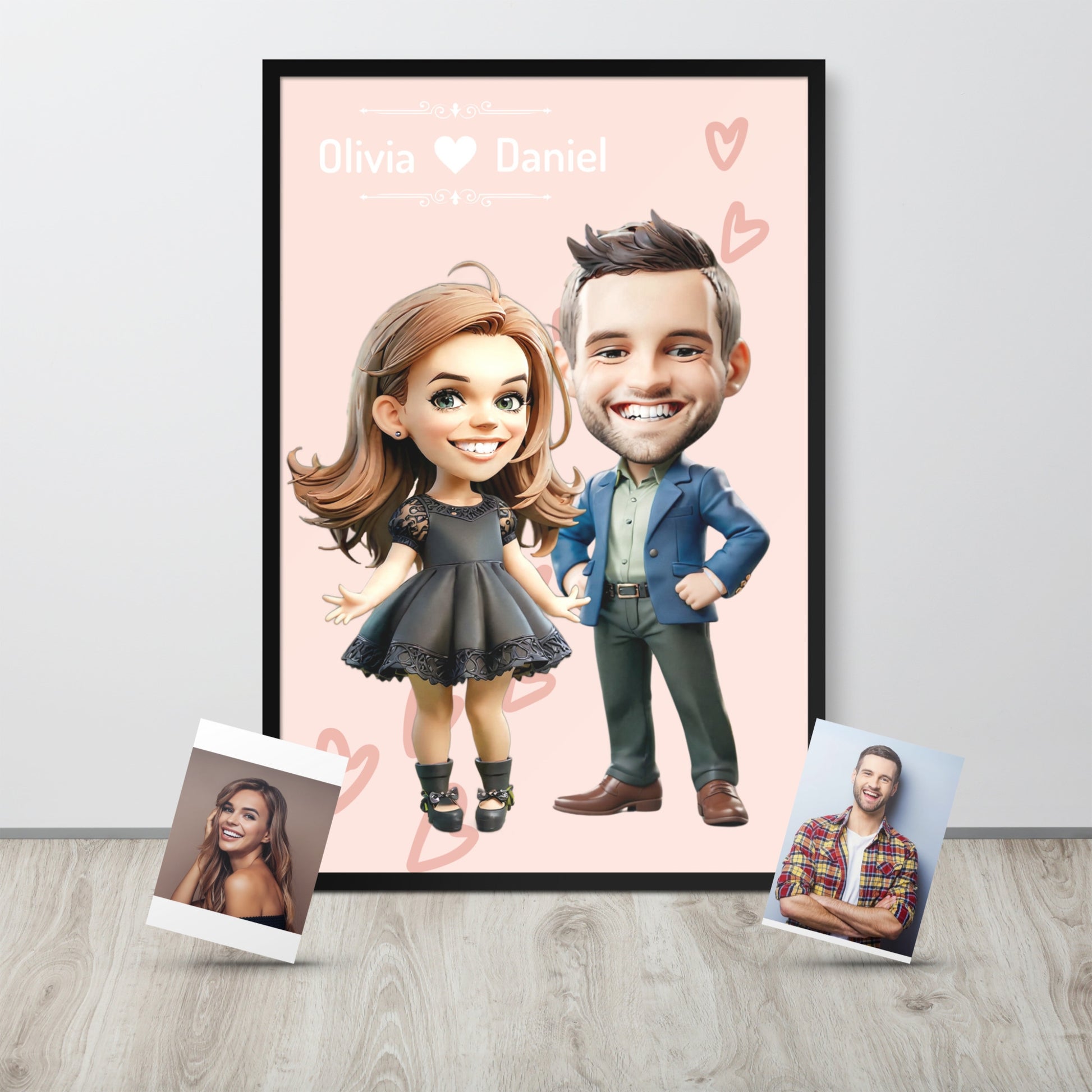A custom cartoon portrait of a couple in classic black elegant attire, displayed on a framed poster stand as a unique engagement gift, with their original photos beside it.