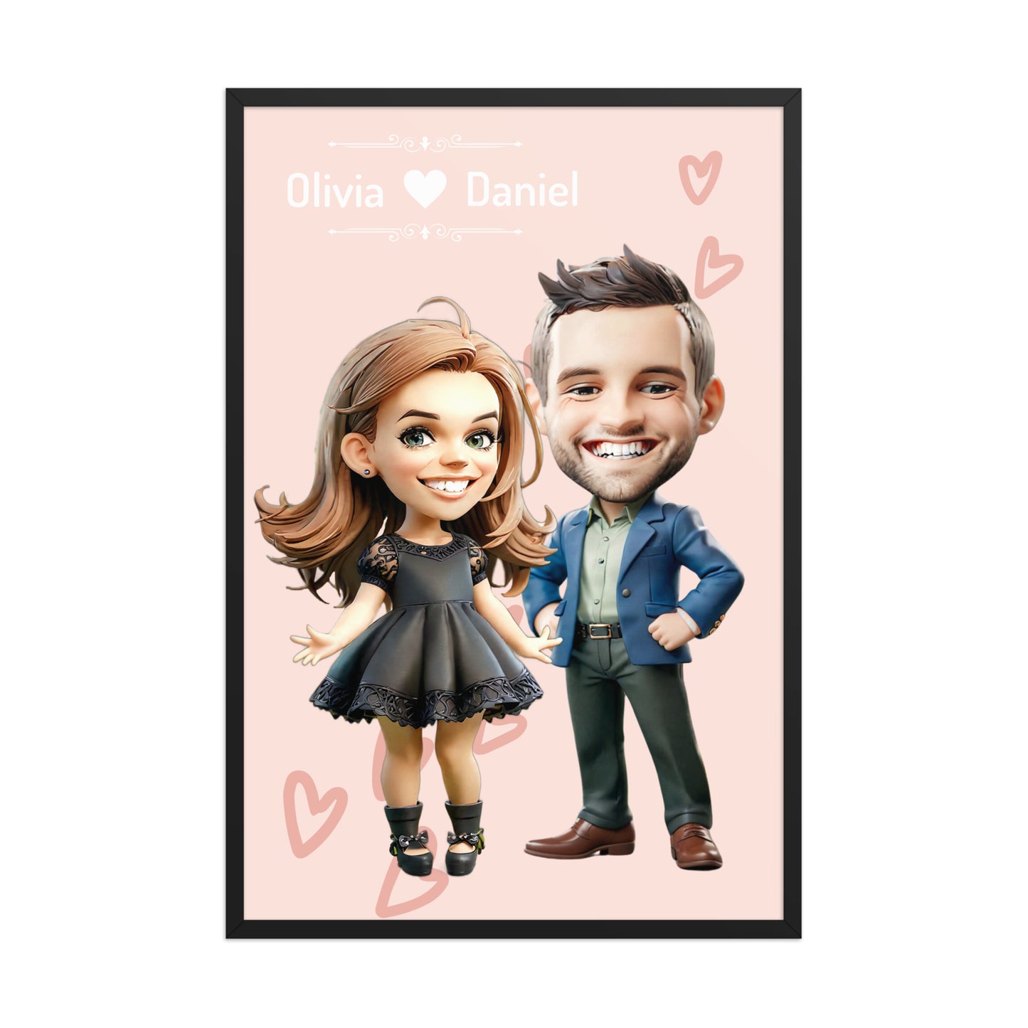 A custom cartoon portrait of a couple in classic black elegant attire, displayed on a framed poster - a unique engagement gift.