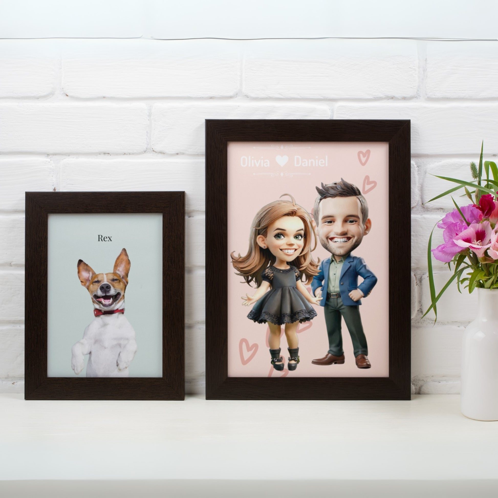 A custom cartoon portrait of a couple in classic black elegant attire, displayed on a framed poster in a modern living room - an ideal engagement gift.