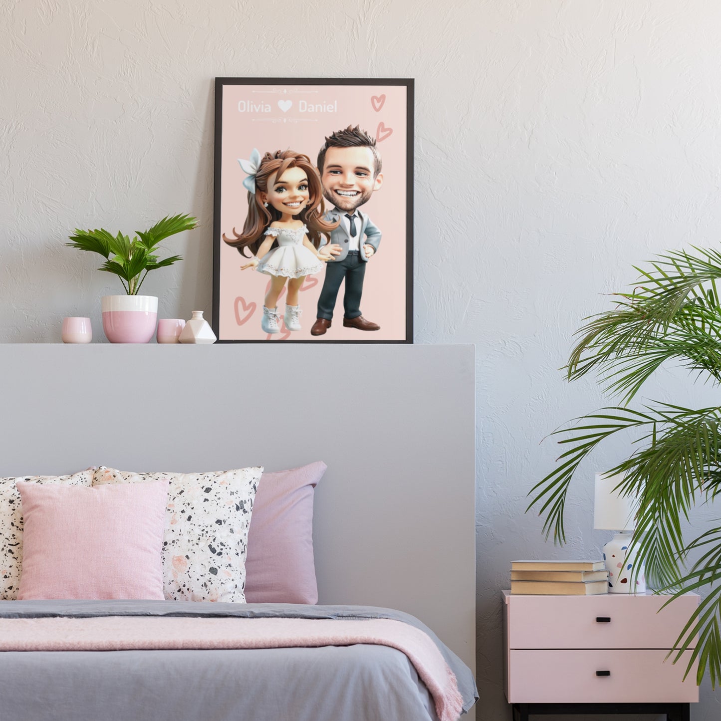 A custom cartoon portrait of a glamorous couple in elegant attire, displayed on a framed poster in a cozy living room - perfect as an engagement gift.