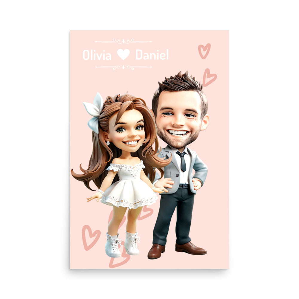 A custom cartoon portrait of a glamorous couple in elegant attire, displayed on a unframed poster - a unique engagement gift.