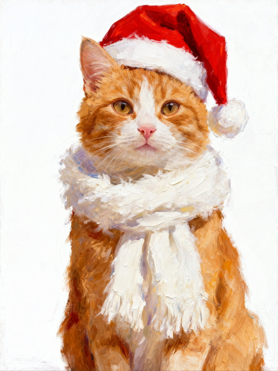 Christmas dog portrait with Santa hat and white scarf on white winter background.