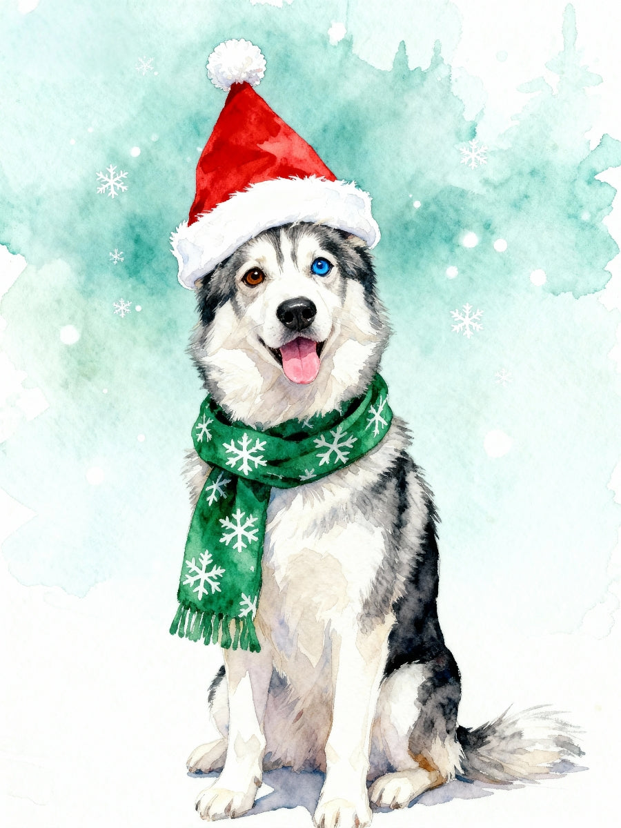 Custom Christmas pet portrait of a Siberian Husky in Santa hat and snowflake scarf, watercolor style.
