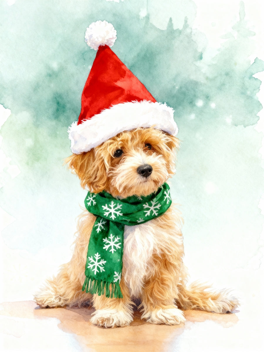 Custom Christmas pet portrait of a fluffy dog in Santa hat and snowflake scarf, watercolor style.