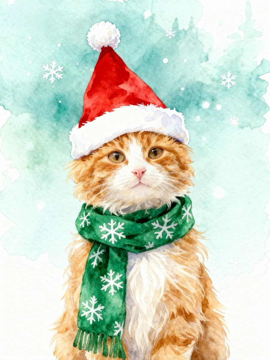 Custom Christmas pet portrait of an orange and white cat in Santa hat and snowflake scarf, watercolor style.