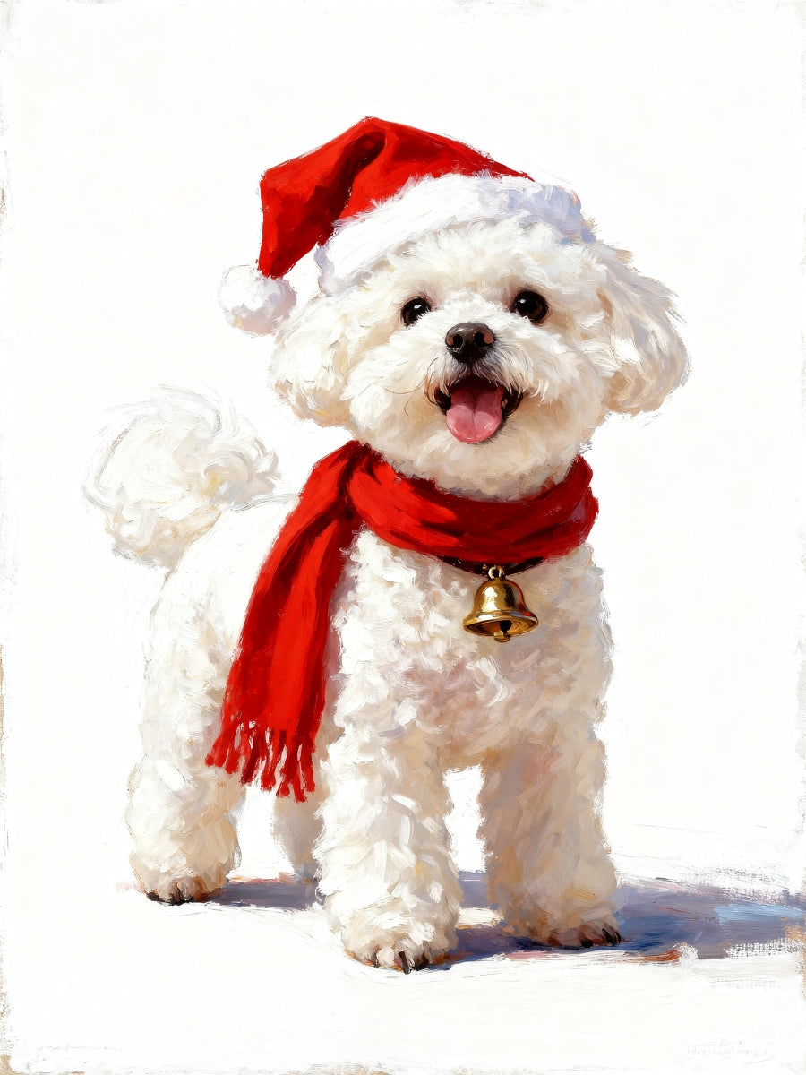 Whimsical Christmas dog portrait with red Santa hat and scarf on snowy white background.