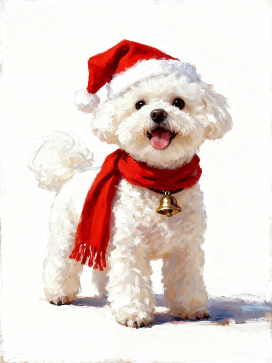 Whimsical Christmas dog portrait with red Santa hat and scarf on snowy white background.