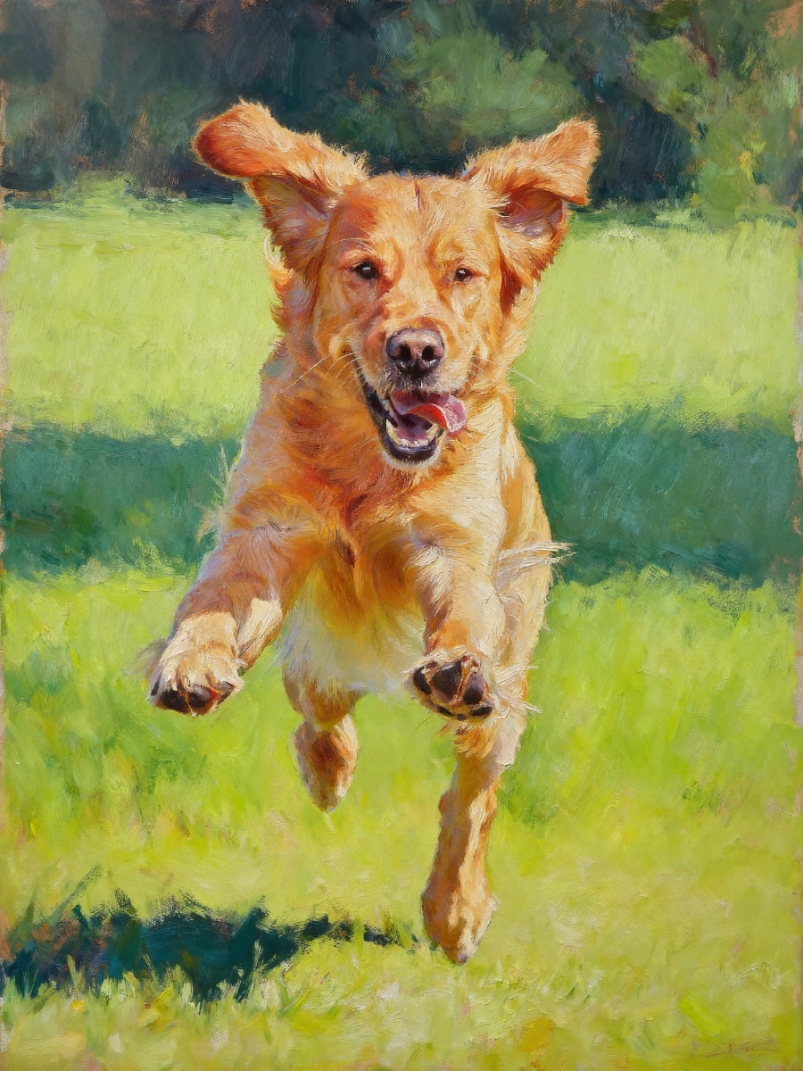 Oil Painting of a dog running on grass