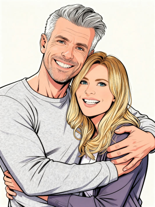 Custom cartoon portrait  of a couple hugging on a white background.