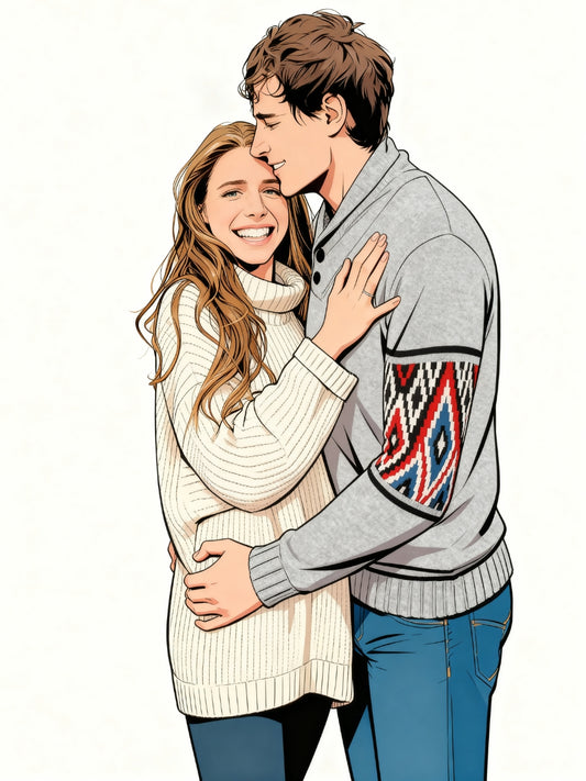 Custom cartoon portrait of affectionate couple embracing, wearing cozy sweaters and jeans, with warm, expressive style on light background.