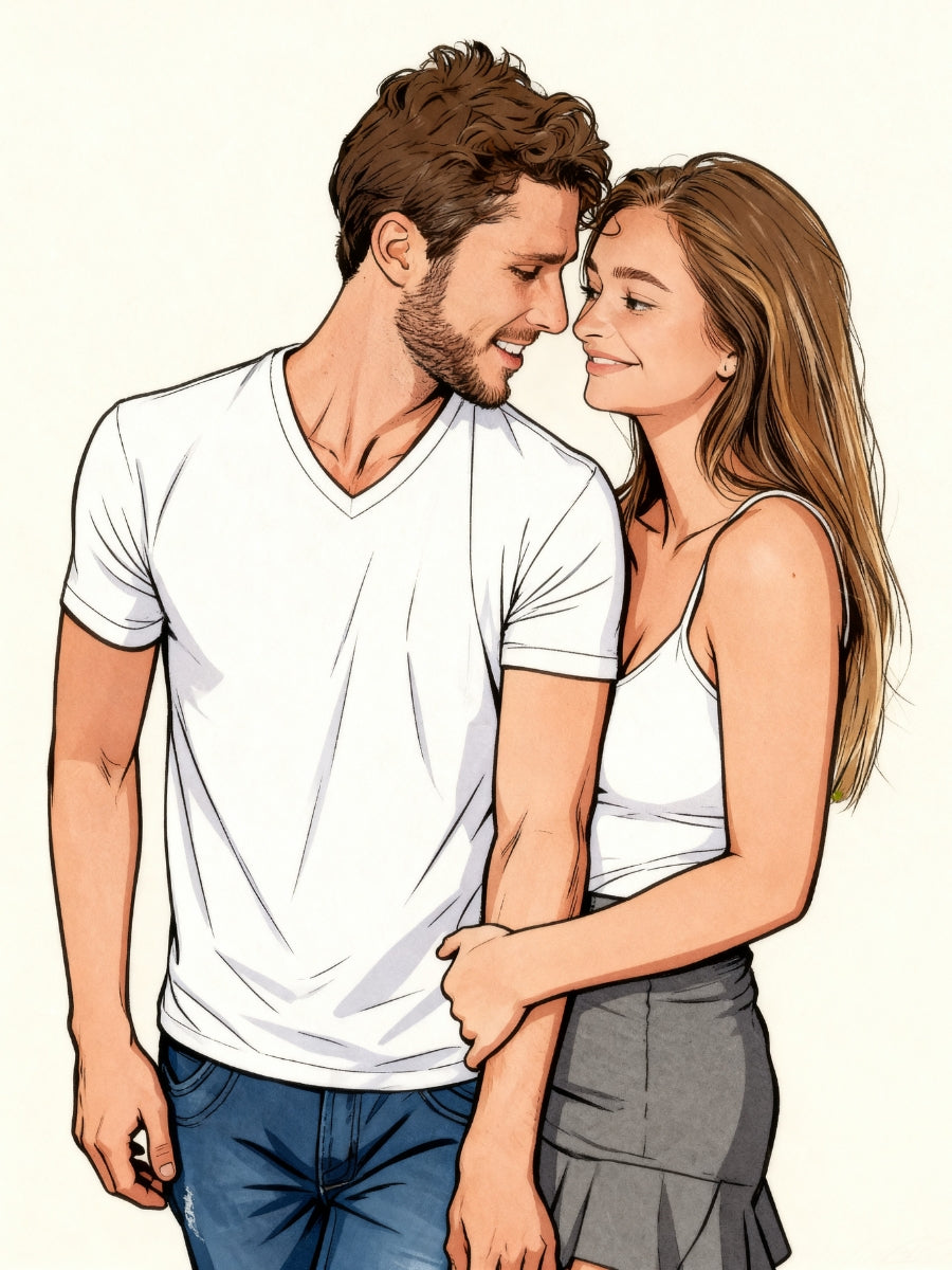 Custom cartoon portrait of a couple embracing on a plain background.