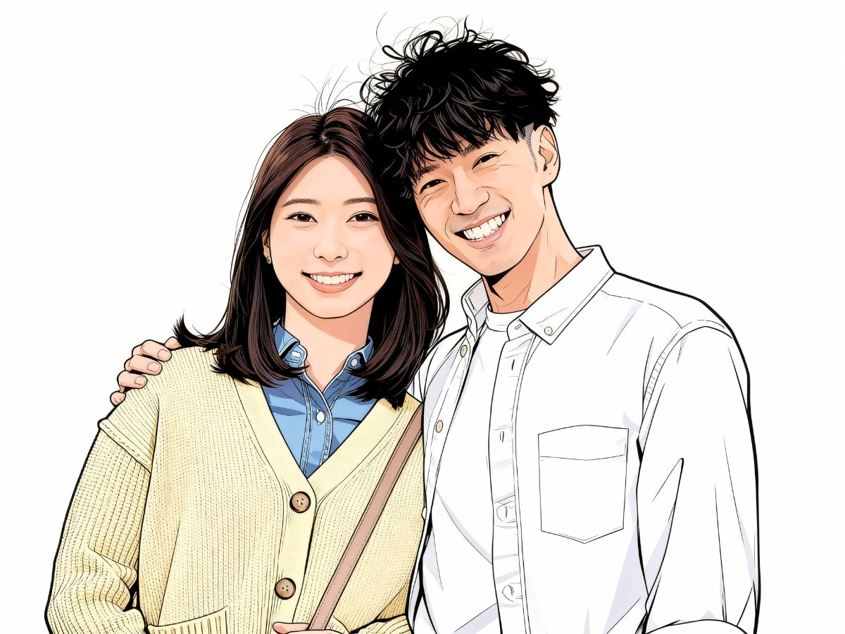 Custom cartoon portrait of a couple on a white background