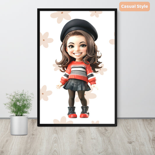 Custom cartoon portrait of a young woman in a casual outfit – framed poster.