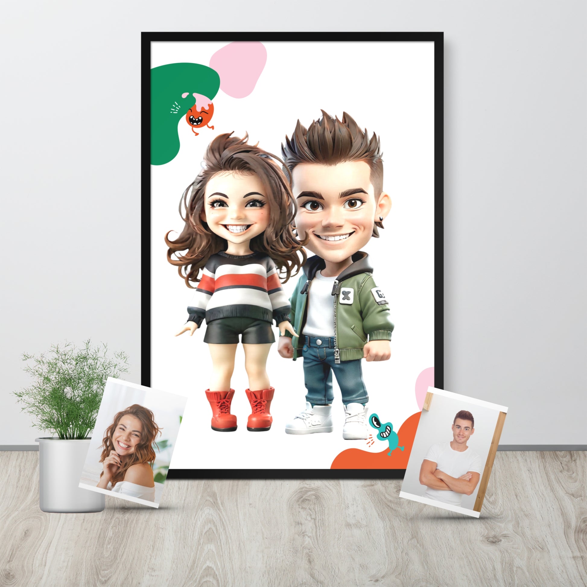 custom cartoon portrait featuring casual young couple on framed poster