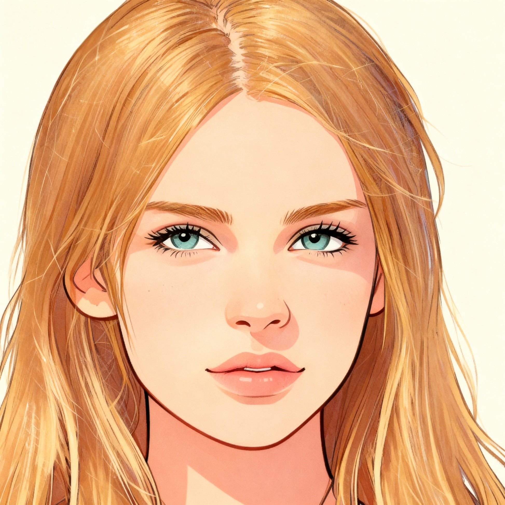 Custom cartoon portrait of a woman with blonde hair and blue eyes on a beige background.