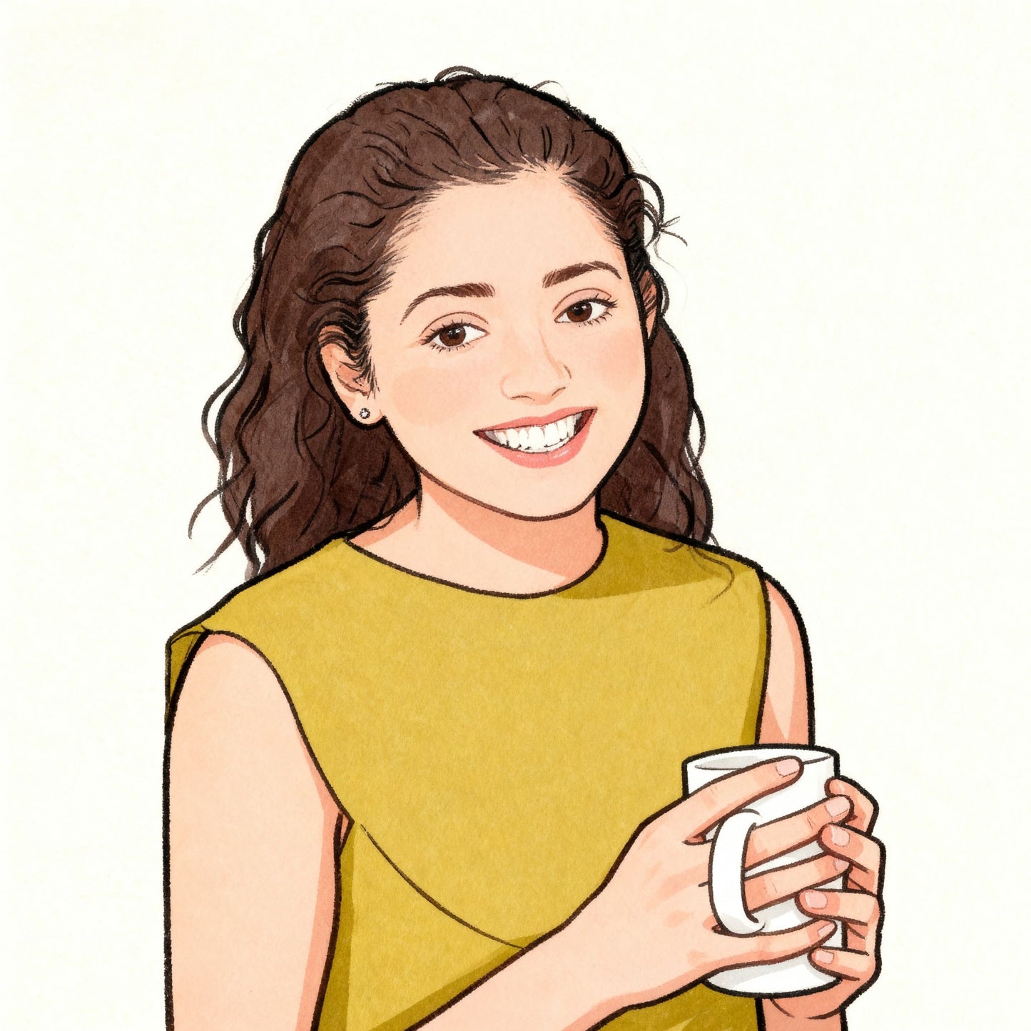 Custom cartoon portrait of a woman holding a white mug with a plain background.