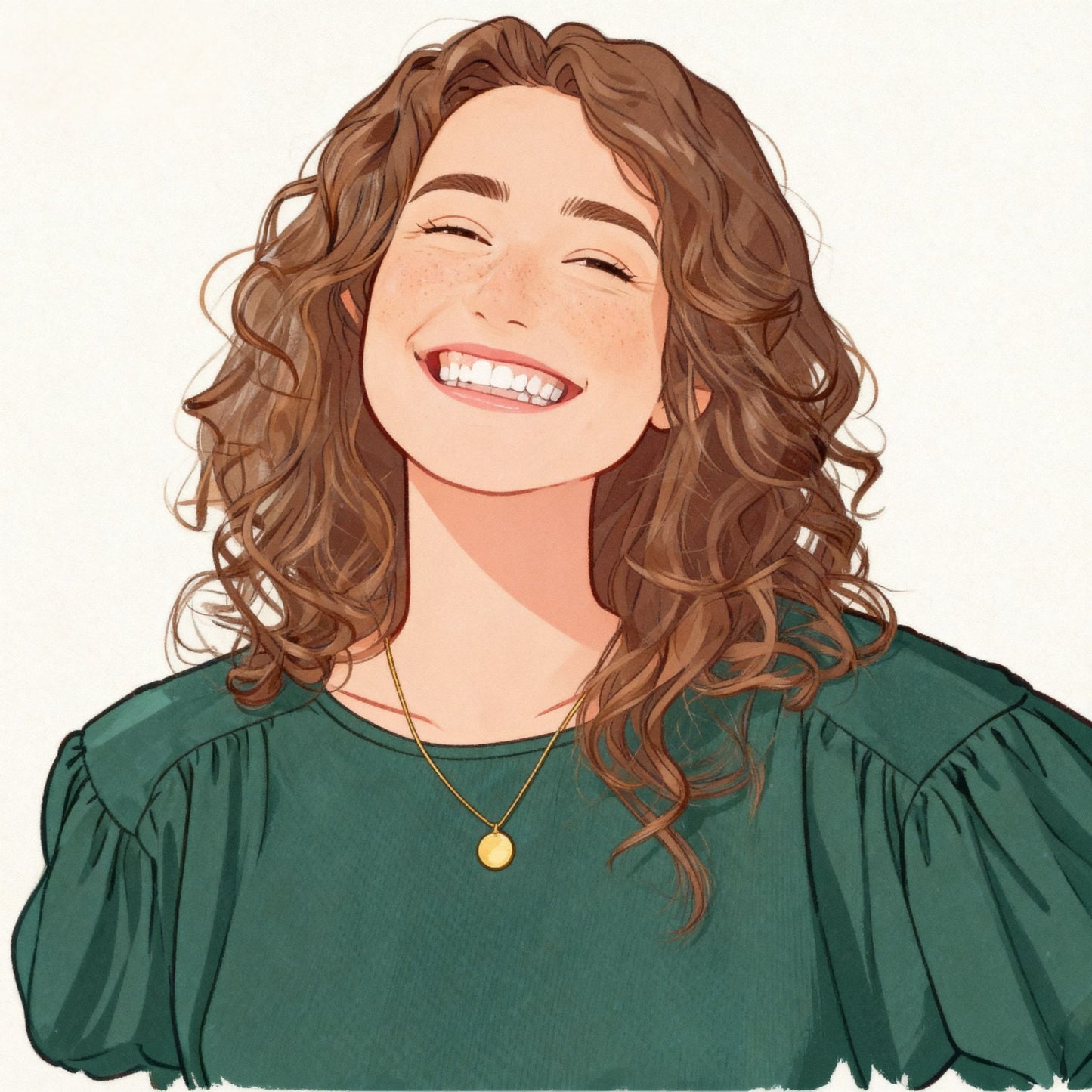 Custom cartoon portrait of smiling woman with curly brown hair, green puff-sleeve top, and gold pendant necklace on light background.