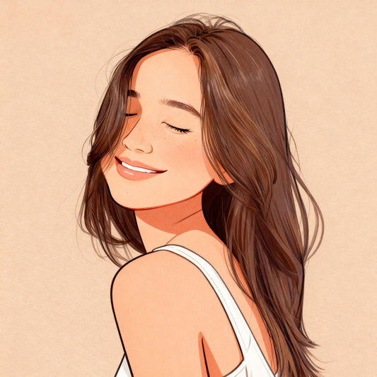 Custom cartoon portrait of a woman with long brown hair on a beige background.
