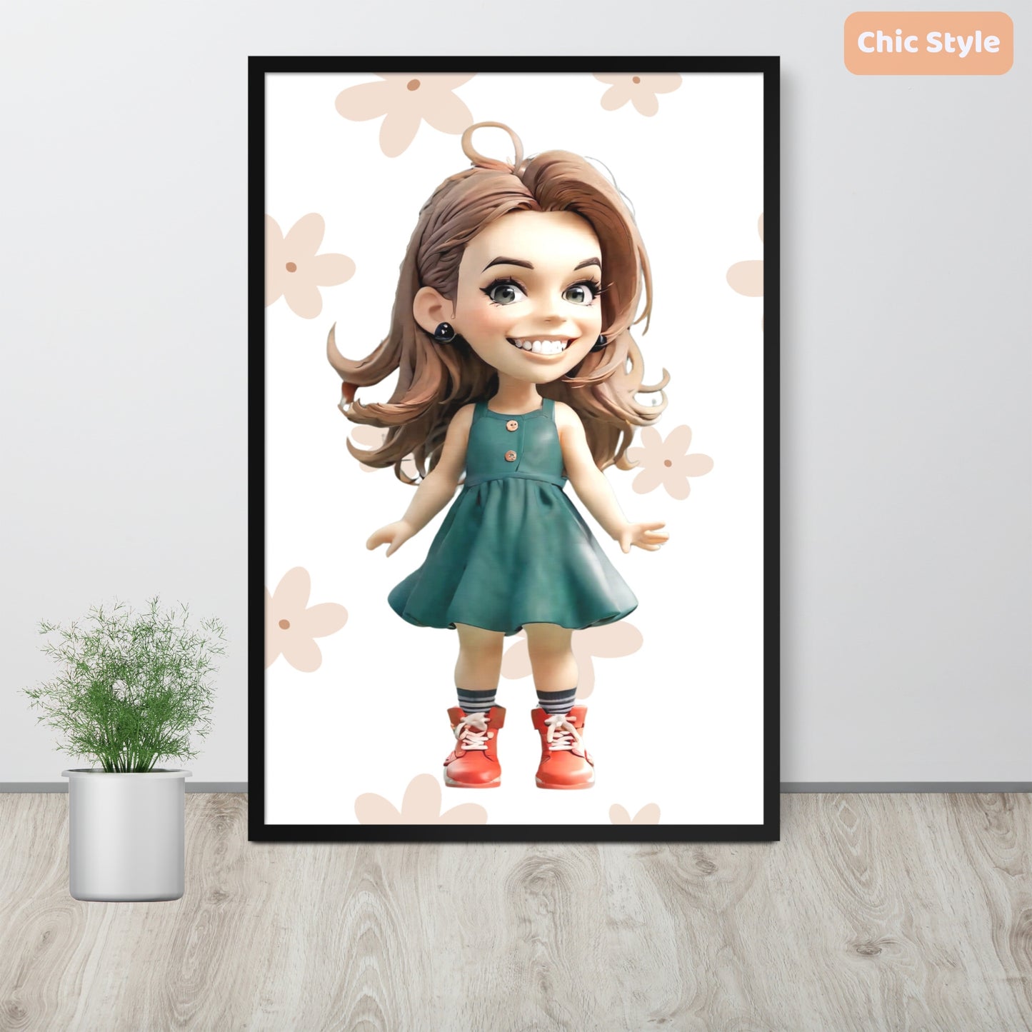 Custom cartoon portrait of a young woman in a chic outfit – framed poster.