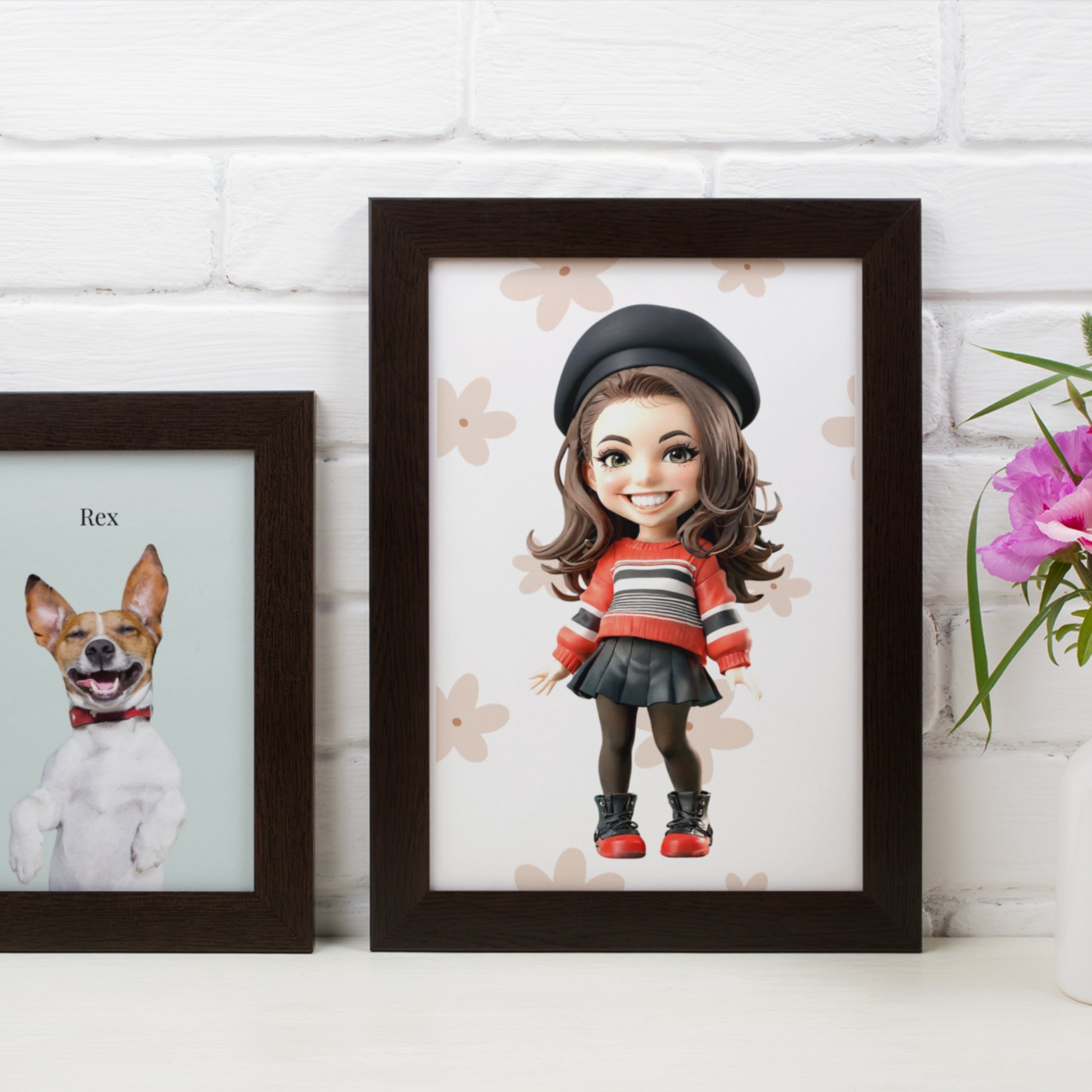 A stylish framed custom cartoon portrait featuring a young woman in a designer-inspired chic outfit, displayed as elegant wall art in a contemporary home.