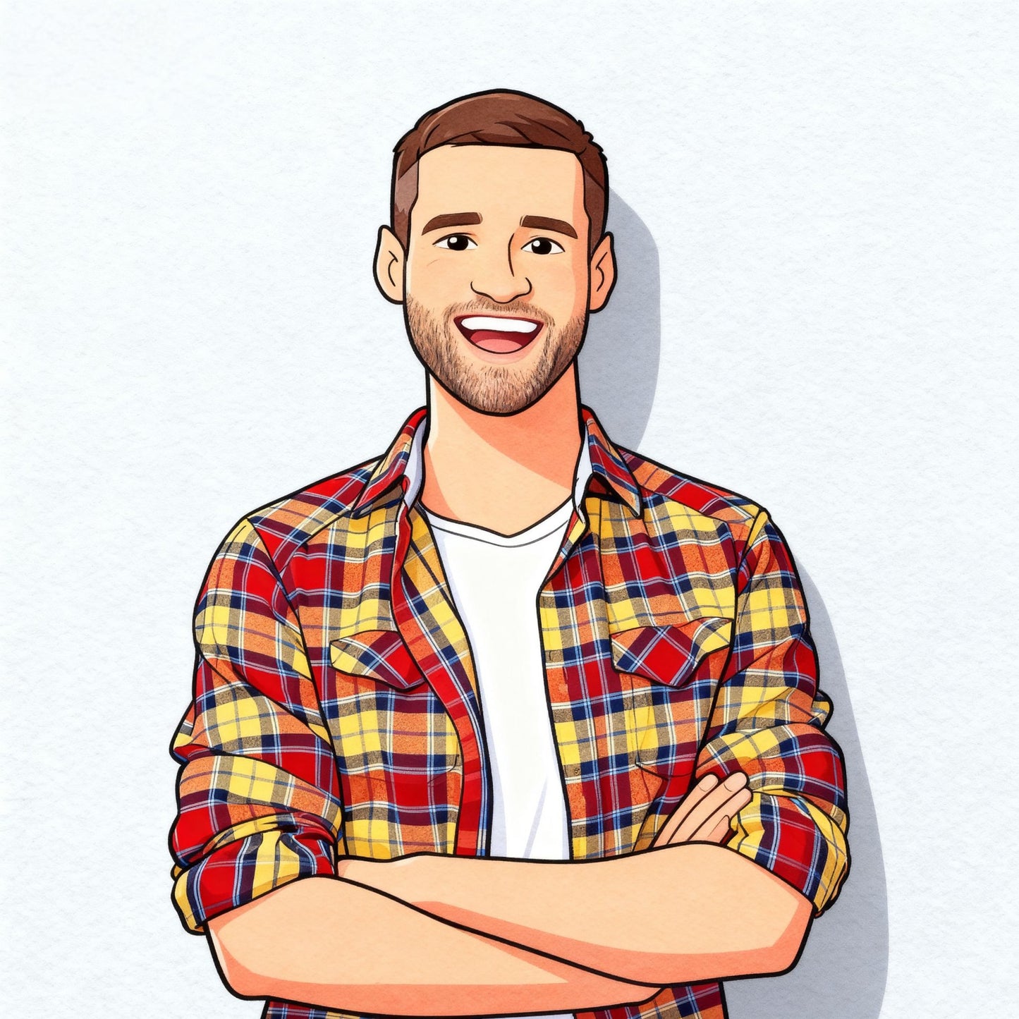 Custom cartoon portrait of a man wearing a plaid shirt with arms crossed on a white background.