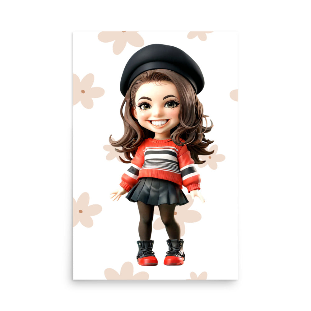 Custom cartoon portrait of a young woman in a casual outfit – unframed poster.