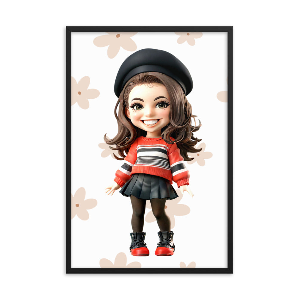 Custom cartoon portrait of a young woman in a casual outfit – framed poster.