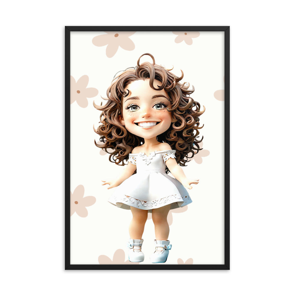 Custom cartoon portrait of a young woman in an elegant white dress – framed poster.