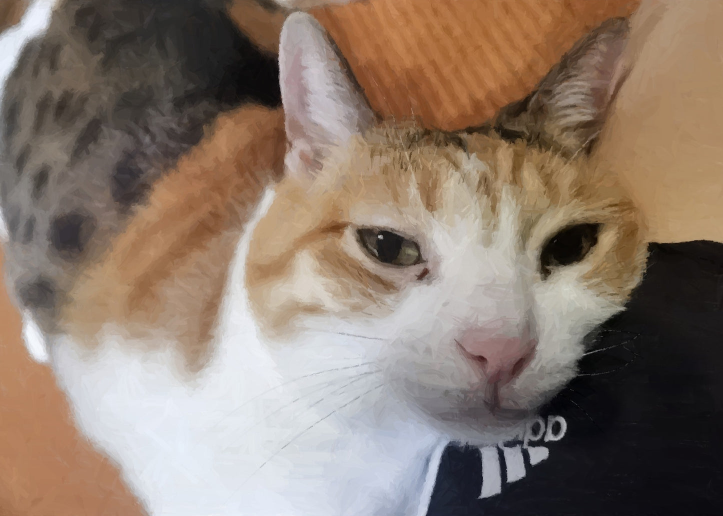 Oil-style portrait of a domestic short-haired cat with tri-color fur, resting on its owner's thigh.
