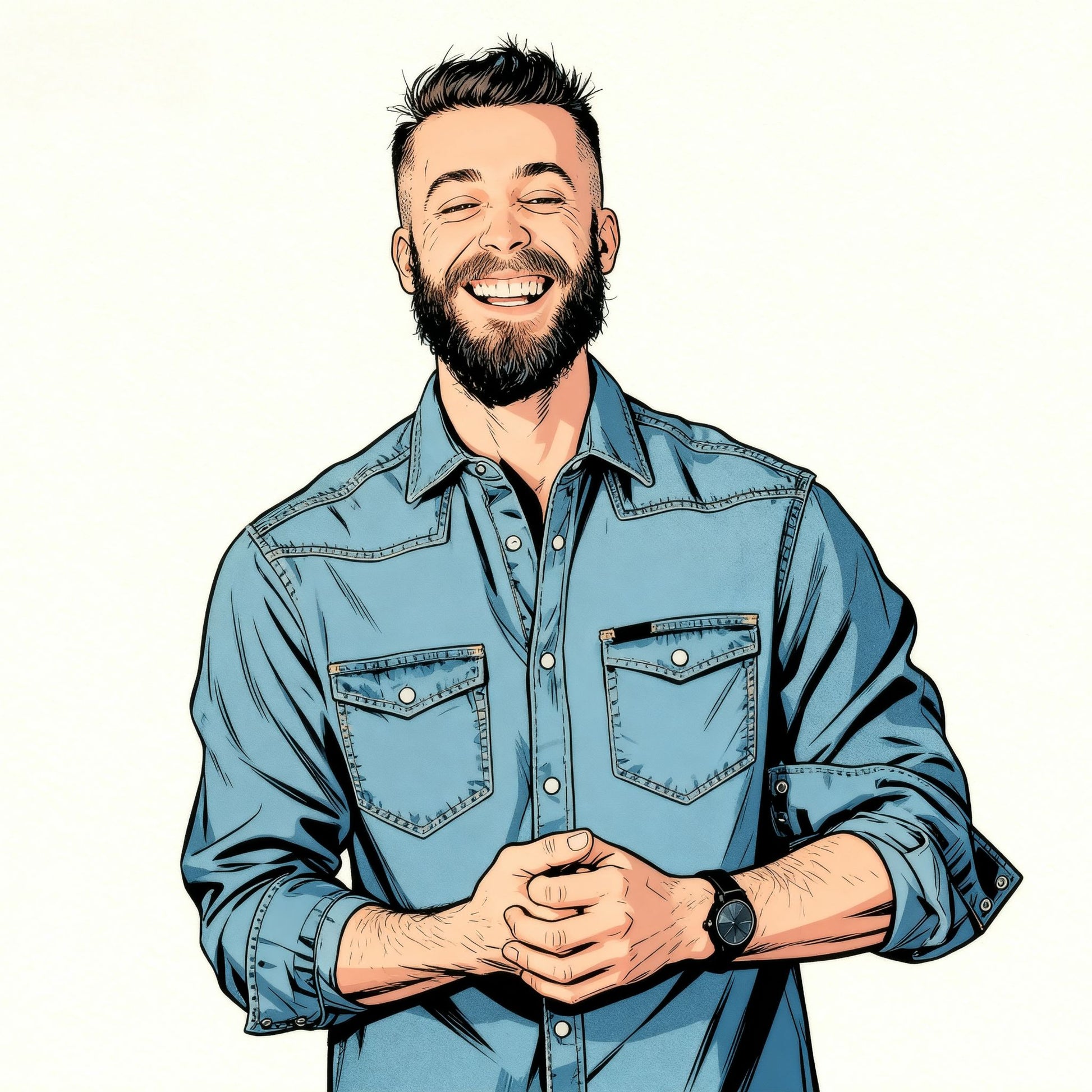 Custom comic portrait of a man wearing a blue denim shirt on a white background