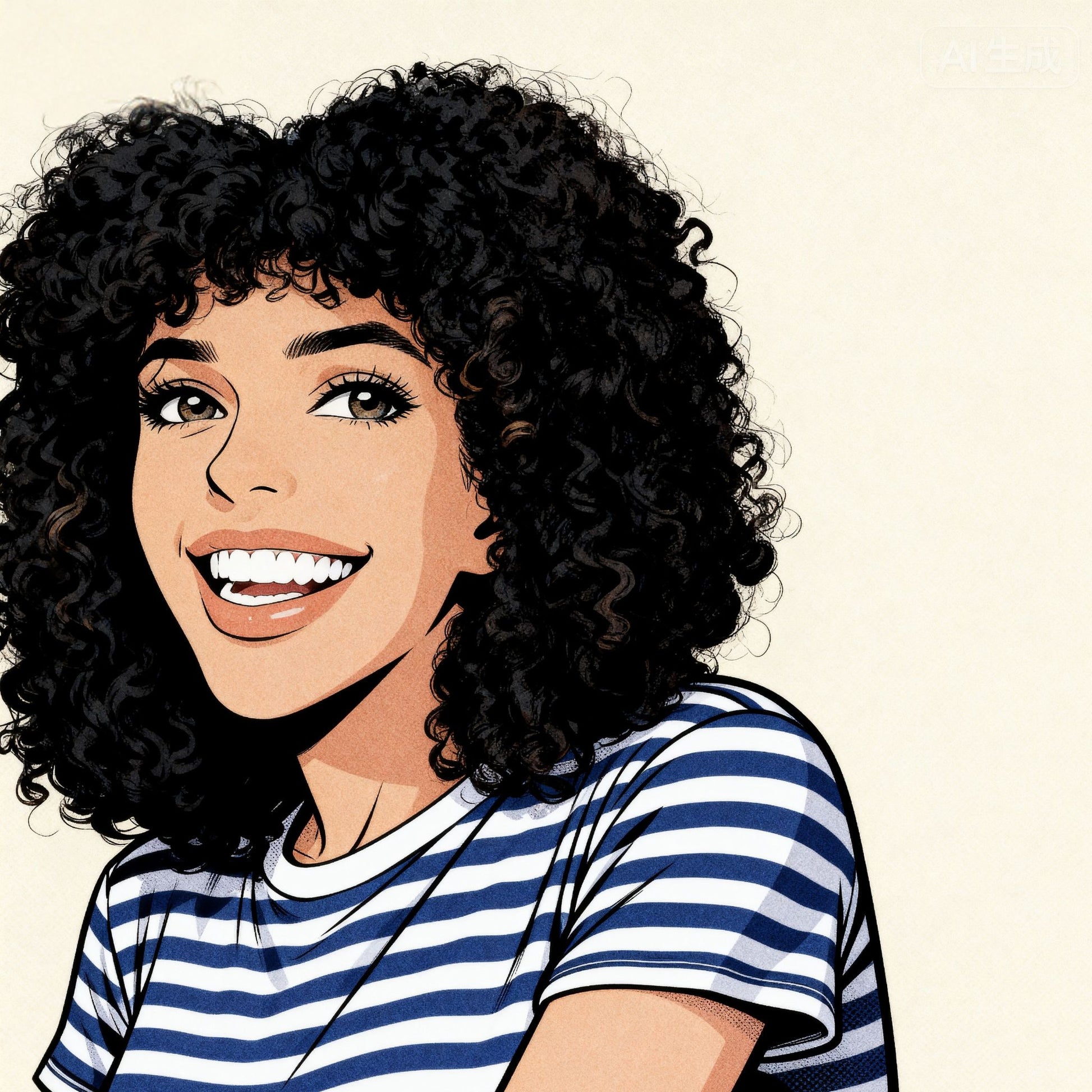 Custom comic portrait of a woman with curly hair wearing a blue and white striped shirt.