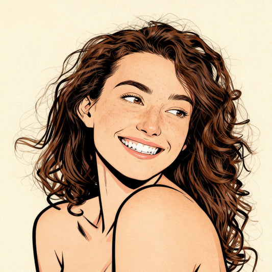 Custom comic portrait of a woman with wavy hair on a beige background.
