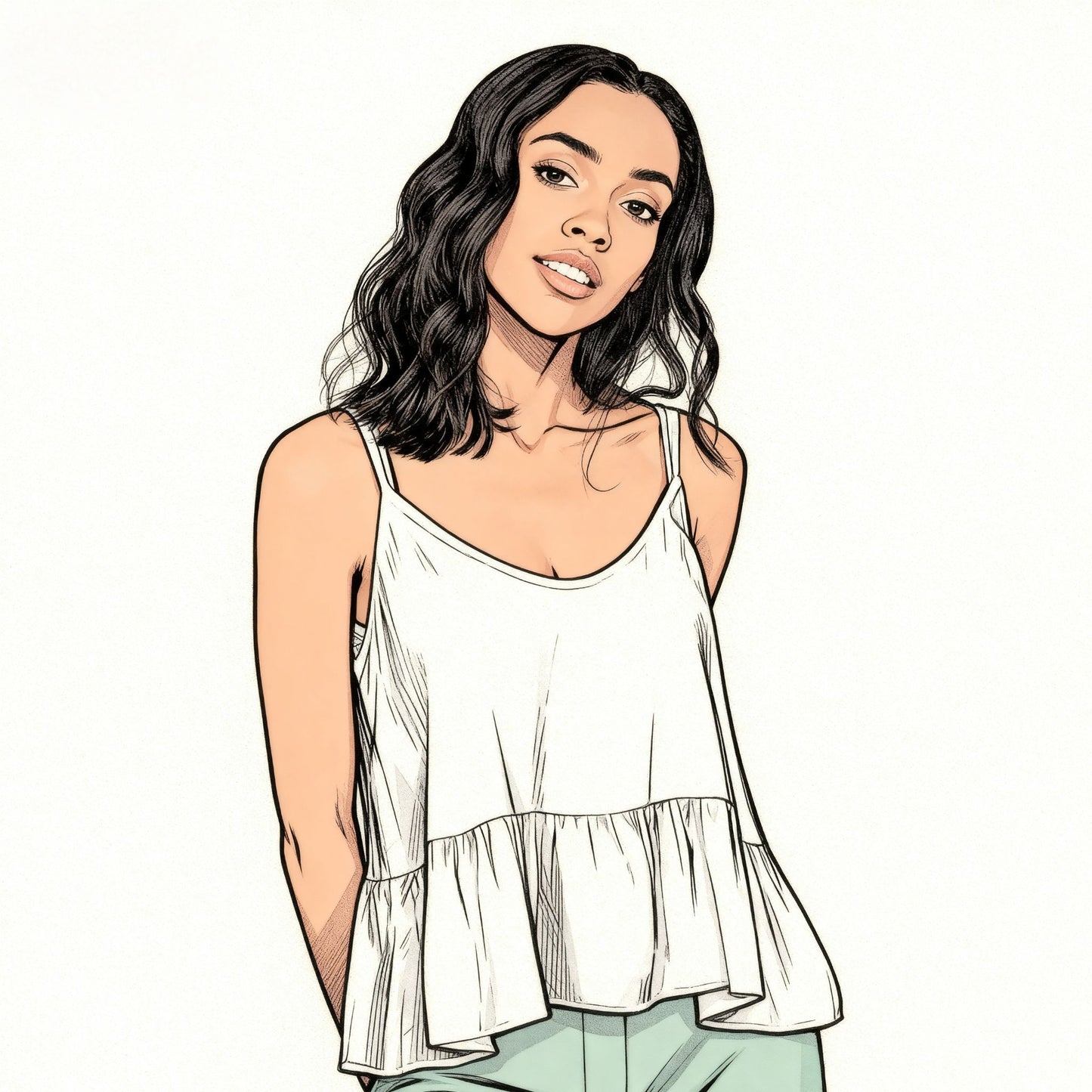 Custom comic portrait of a woman wearing a white sleeveless top on a white background.