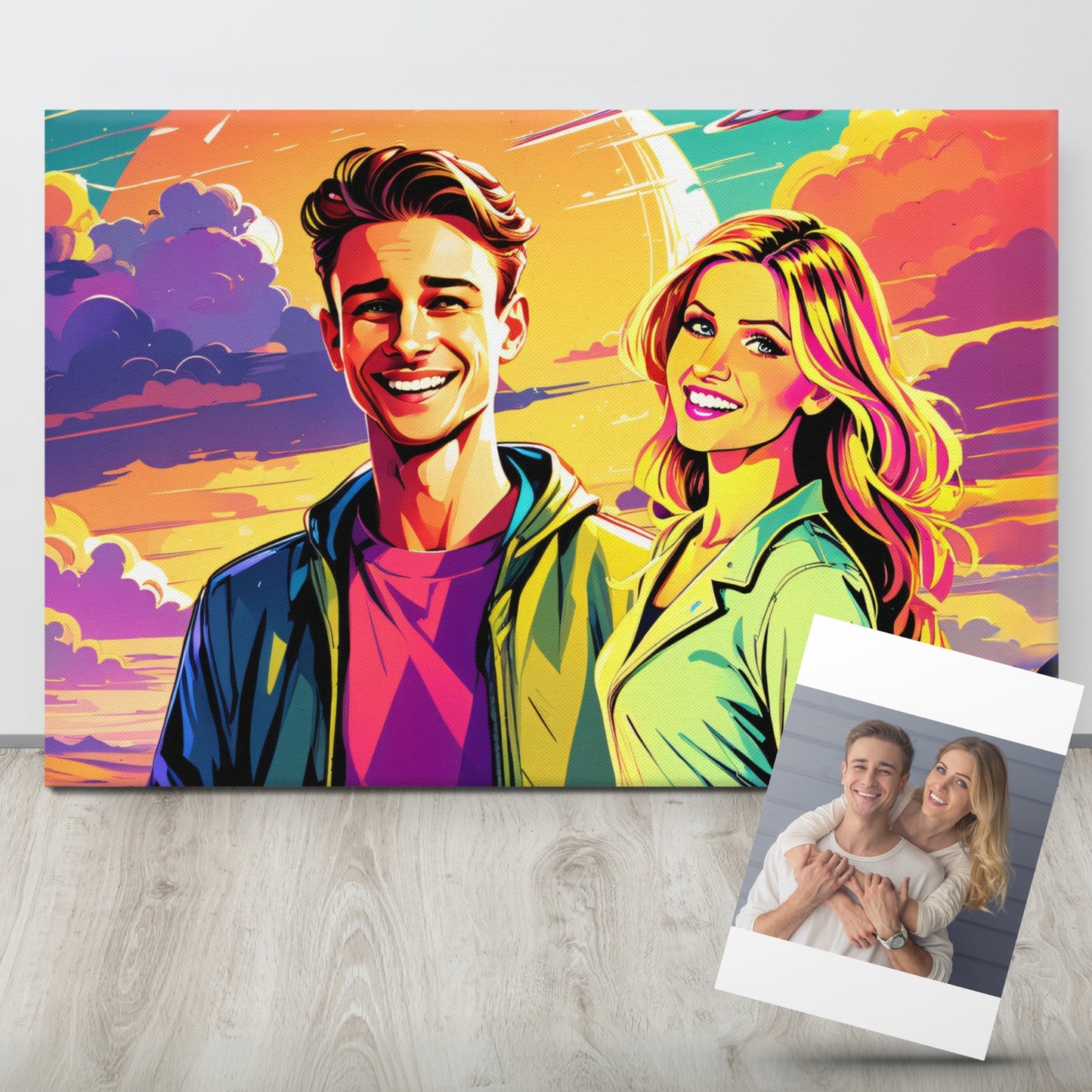 custom pop art portrait featuring a happy young couple on a comic style vivid canvas