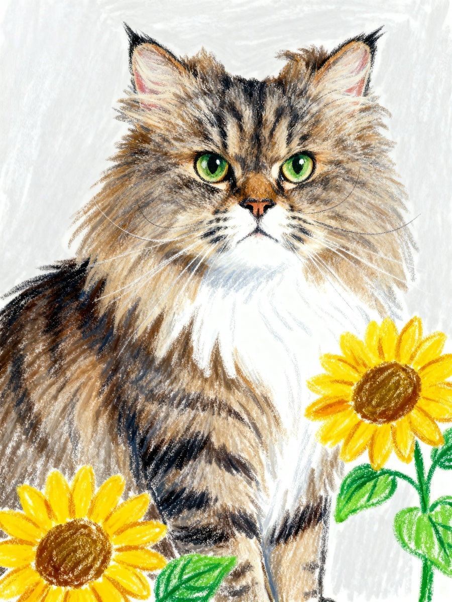 Crayon-style portrait of a cat with sunflowers.
