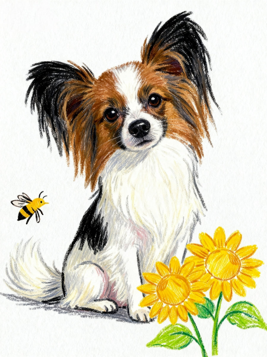 Crayon-style portrait of a small dog with black, brown, and white fur, sitting beside sunflowers and a bee.