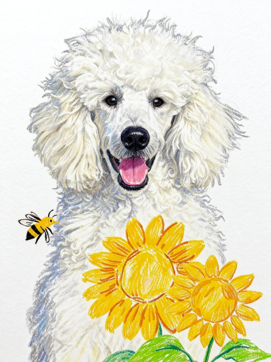 Crayon-style portrait of a white dog with sunflowers and a bee.