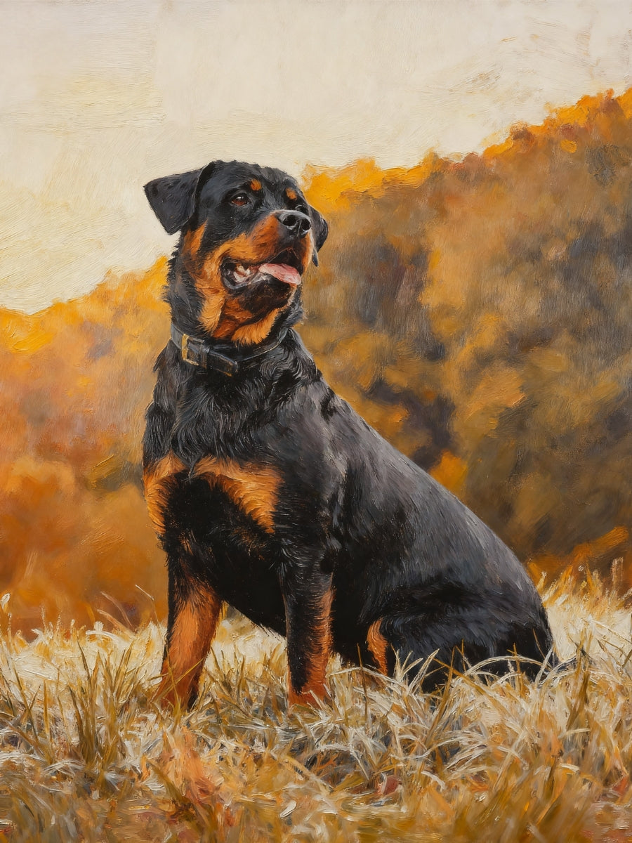 Oil Painting of a Rottweiler dog sitting in a field with a warm, earthy color palette.
