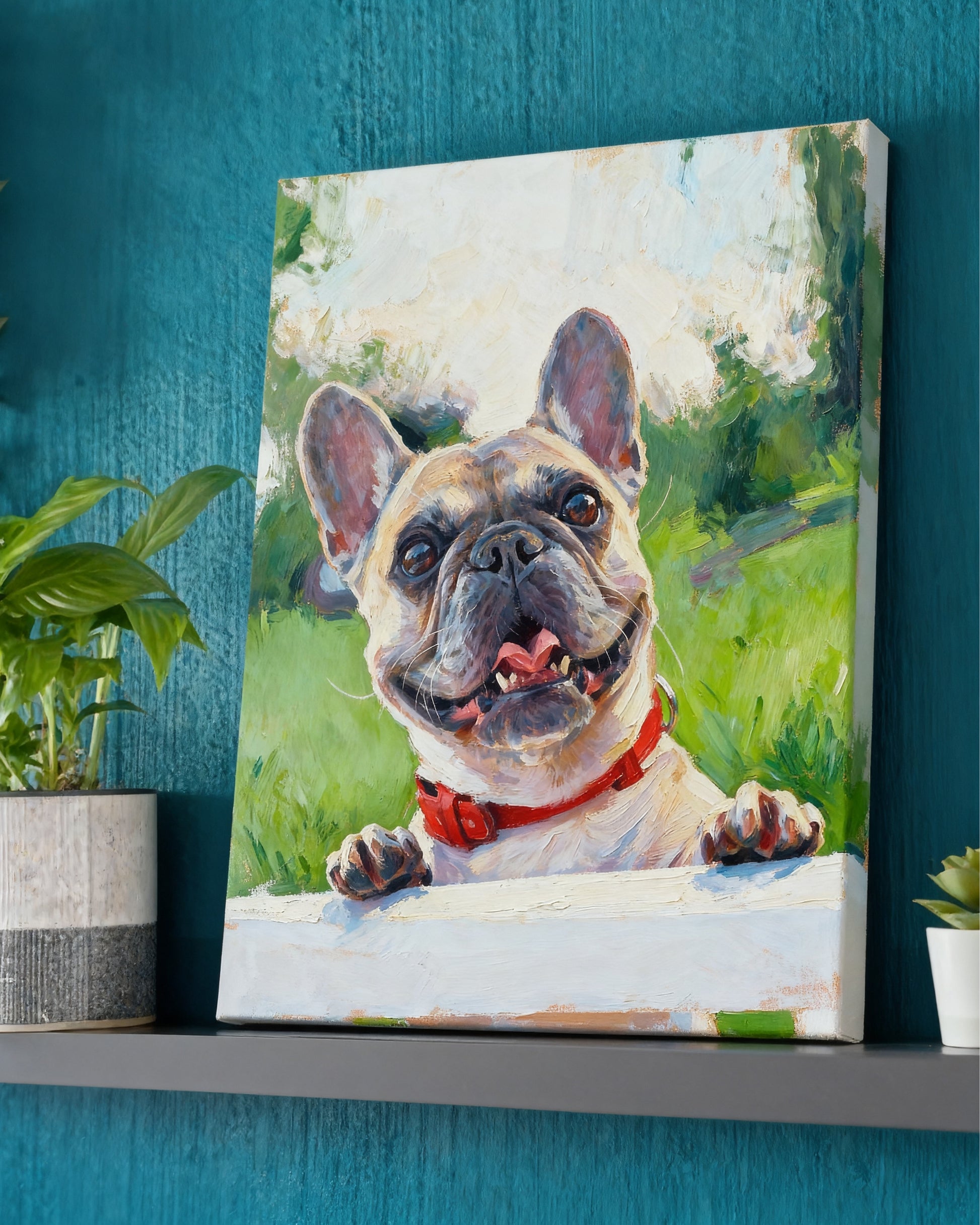 Canvas print of a dog with a red collar on a shelf against a blue wall.