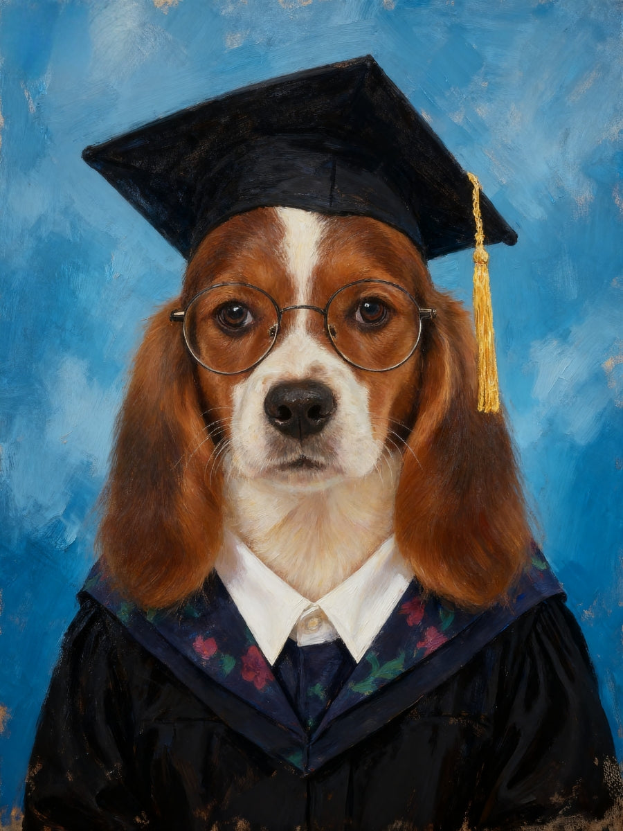 Custom pet graduation portrait of a dog in cap and gown with floral stole, posed formally against a blue backdrop—adorable, funny, and frame-worthy.