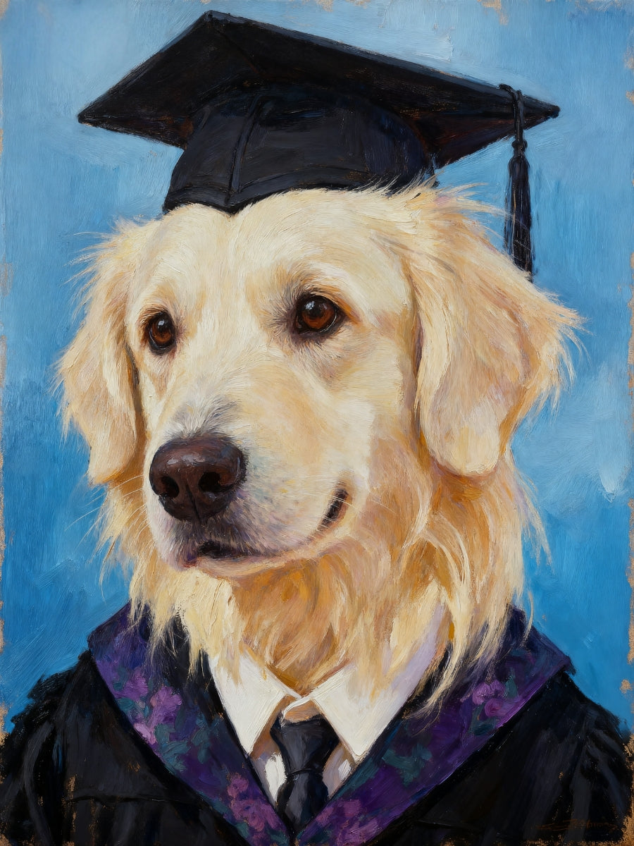 Custom pet graduation portrait of a dog in cap and gown with floral stole, posed formally against a blue backdrop—adorable, funny, and frame-worthy.