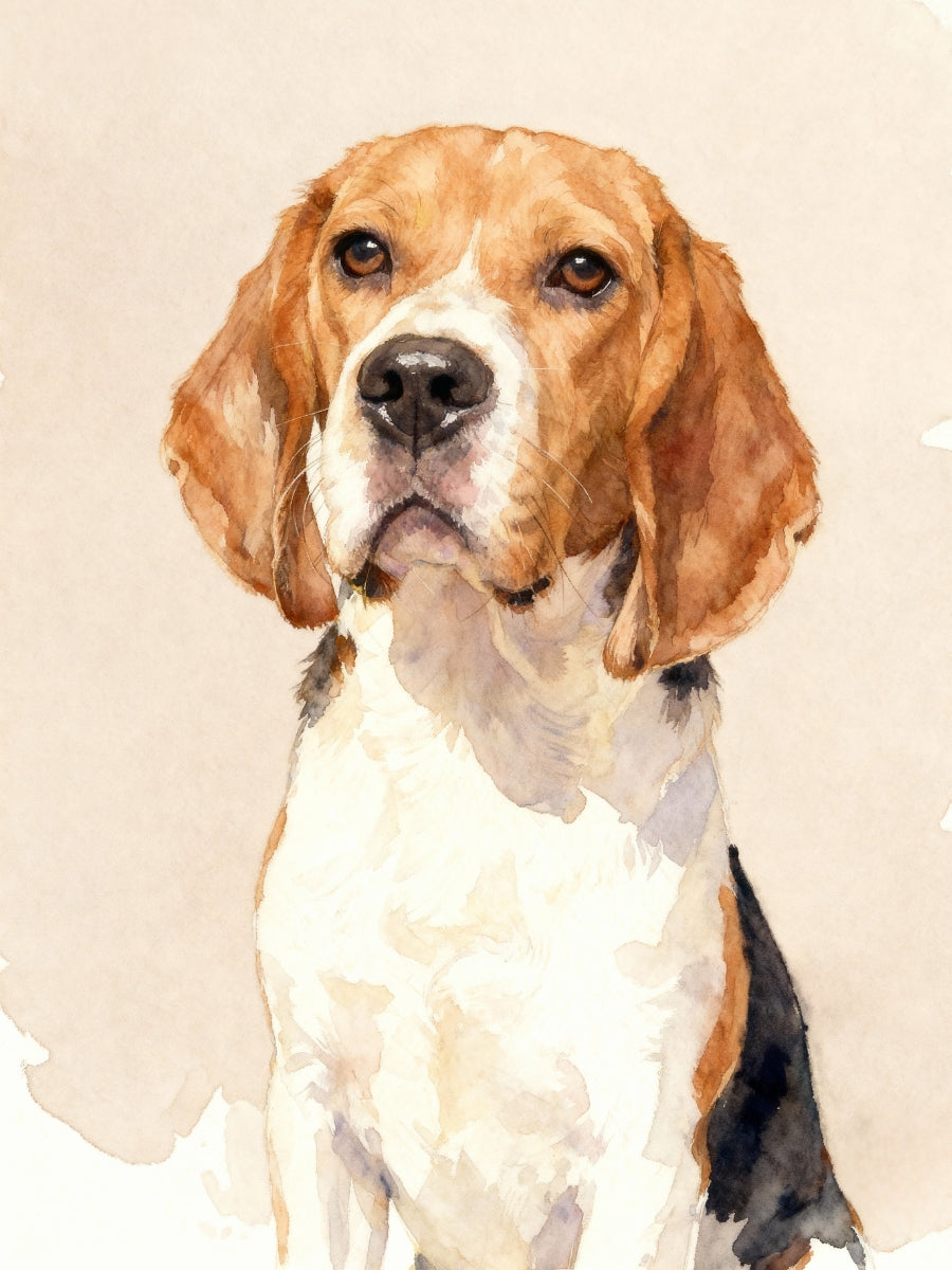Custom modern pet portrait in watercolor style with solid background, featuring a Beagle dog.